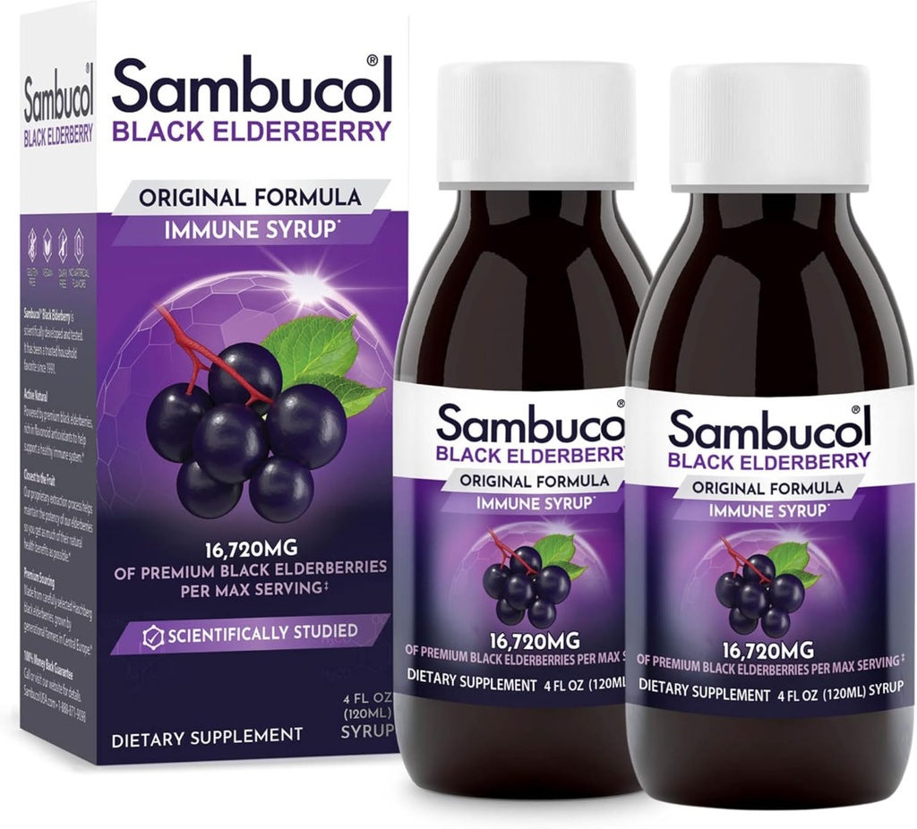 Sambucol Black Elderberry Syrup - Sambucus Elderberry Syrup, Black Elderberry Liquid, Immune Support for Kids and Adults, High Antioxidants, Gluteenivaba - Original Formula, 4 Fl Oz, 2-Pack