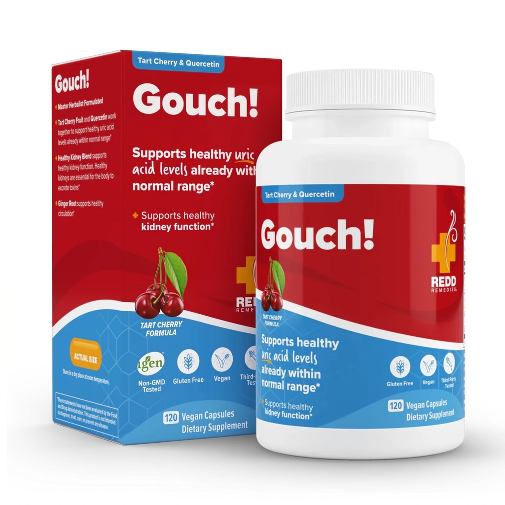 Redd Remedies, Gouch!, Täiendav tugi liigeste ja kusihappe tasemetele, julgustab tervislikku põletikulist vastust, Tart Cherry & Quercetin, 120 Vegan Kapslit
