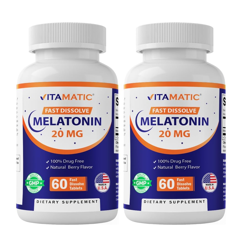 Vitamatic 2-Pack High Potency Melatoniin 20 mg – 60 Fast Dissolve Tabletts Total Fast-Acting Sleep Support – Natural Berry Flavor | Vegetarian