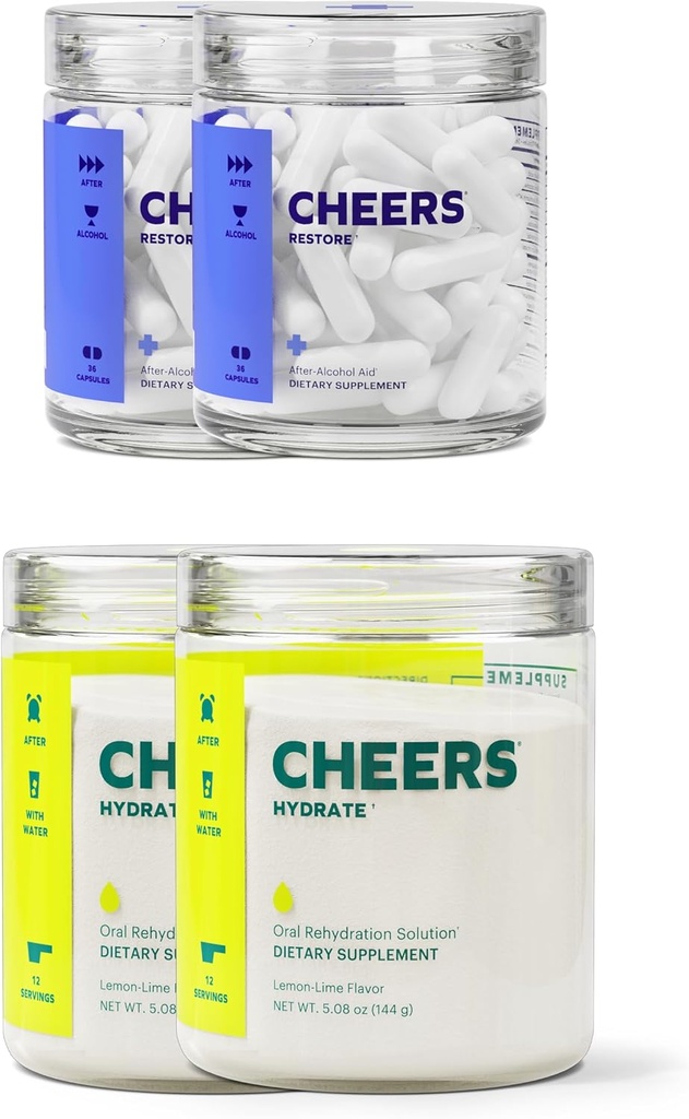 Cheers Classic Combo | Restore + Hydrate | Rehüdraat & Feel Better After Drinking | DHM, L-tsüsteiin, B-vitamiinid, elektrolüüdid | 12 annust Iga | Maksatoetus | Elektrolüütide toidulisandid