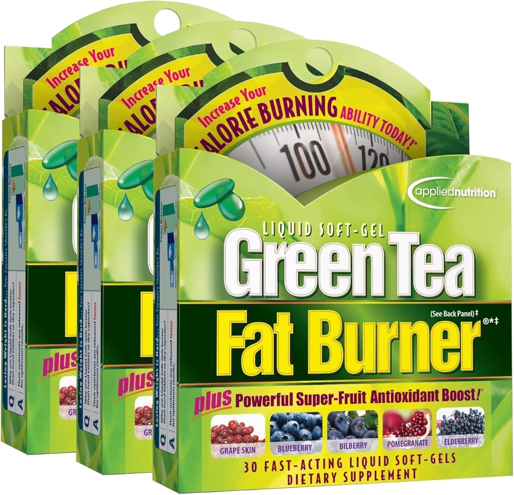 Applied Nutrition Green Tee Fat Burner - 30 Vedelad Soft-Gels, Pakend 3 - Suurendab Kalorite Põletamist Ja Tarnib Võimas Antioksüdandid - 45 Kokku Serving