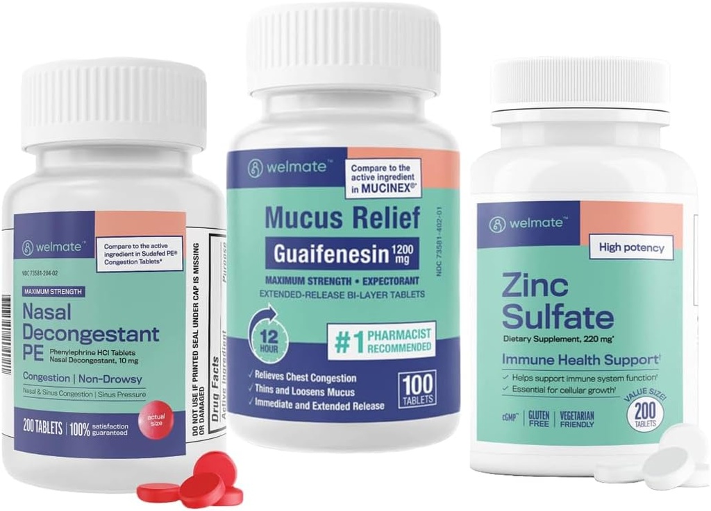 WELMATE Ultimate Cold & Allergy Relief Bundle: Maksimaalne tugevus Guaifenesin 1200 Mg Mucus Relief (100 tabletti), Phenylephrine HCl 10 mg nina dekongestant (200 tabletti) ja tsinksulfaat 220mg