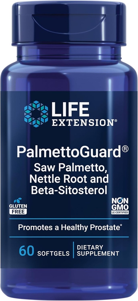 Life Extension PalmettoGuard® Saw Palmetto, väike juur ja beeta-sitosterool, toetab terve eesnäärme funktsiooni ja hormooni metabolismi, 160 mg Saw Palmetto meestele, gluteenivaba, mitte-GMO, 60 pehmegeeli