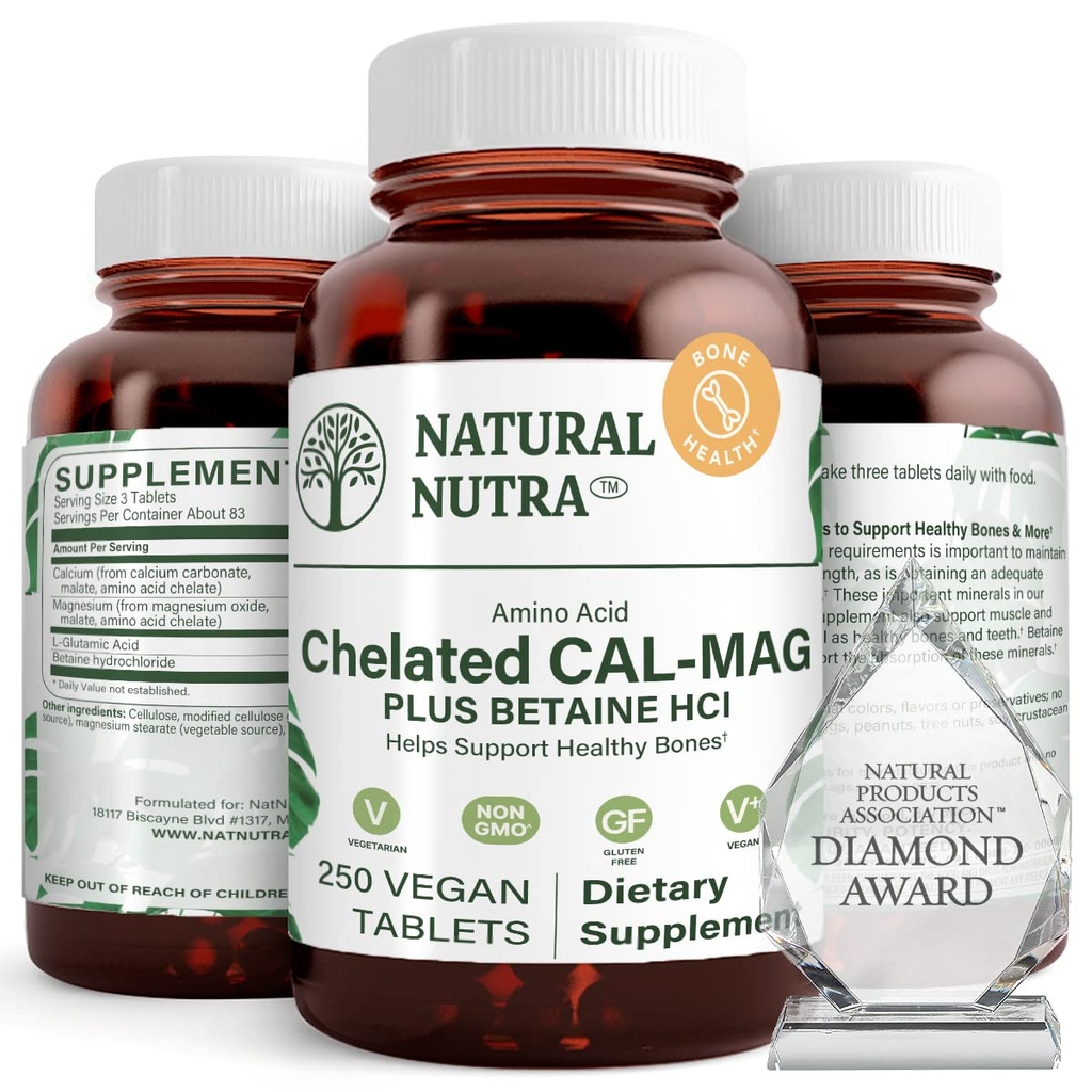 Natural Nutra Chelated Calcium Magnesium 1000/500 mg Supplements Plus Betaine HCL - Kelaaditud Cal Mag parandab luutihedust, toetab lihaseid, hambaid, südame-veresoonkonna ja närvide tervist, 250 Vegan tabletti