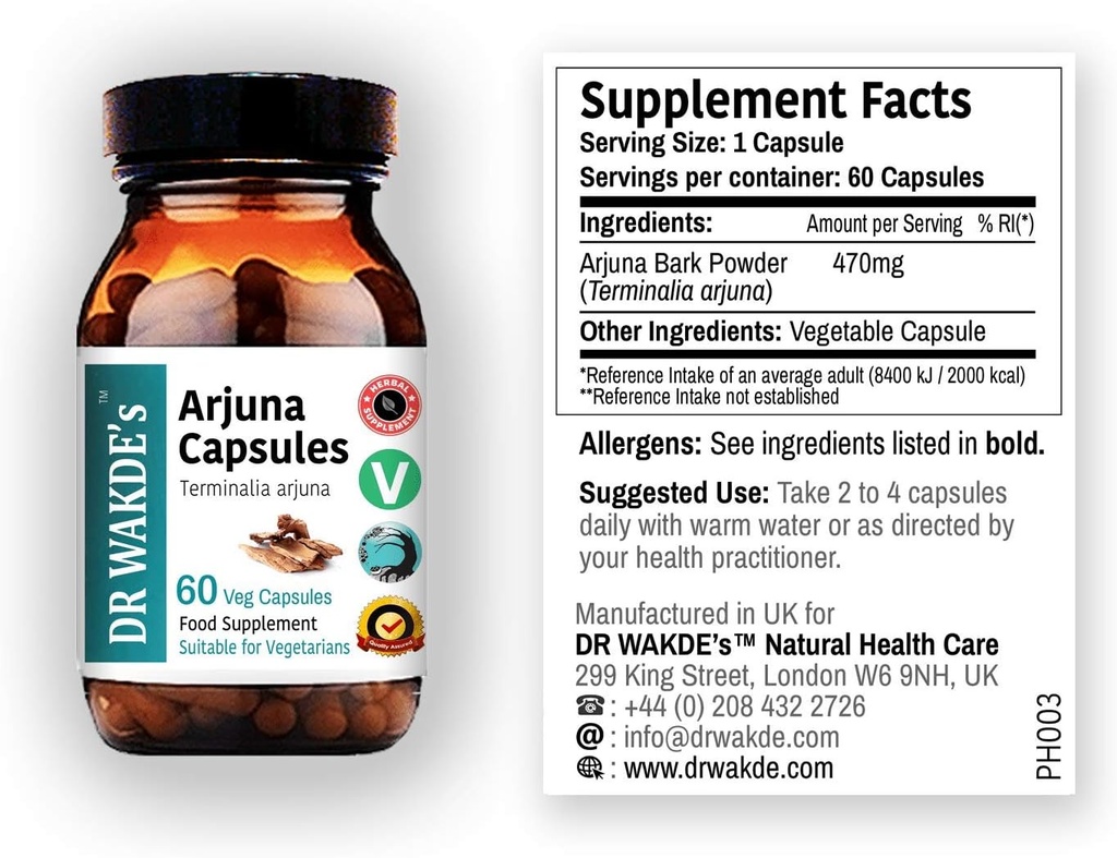 DR WAKDE Arjuna kapslid (Terminalia arjuna) | 60 Veg Caps | Ayurveda Supplement | Vegan | 100% Taimne | Kogus Allahindlused | Sama päeva Dispatch