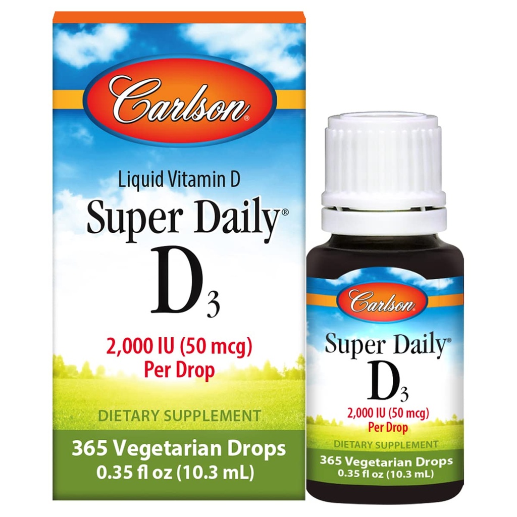 Carlson - Super Daily D3, D-vitamiini tilgad, 2000 RÜ tilga kohta, 1-aastane pakkumine, D3-vitamiini vedelik, süda ja immuunsus Tervis, taimetoitlane, vedel D-vitamiini tilgad, maitsestamata, 365 tilka
