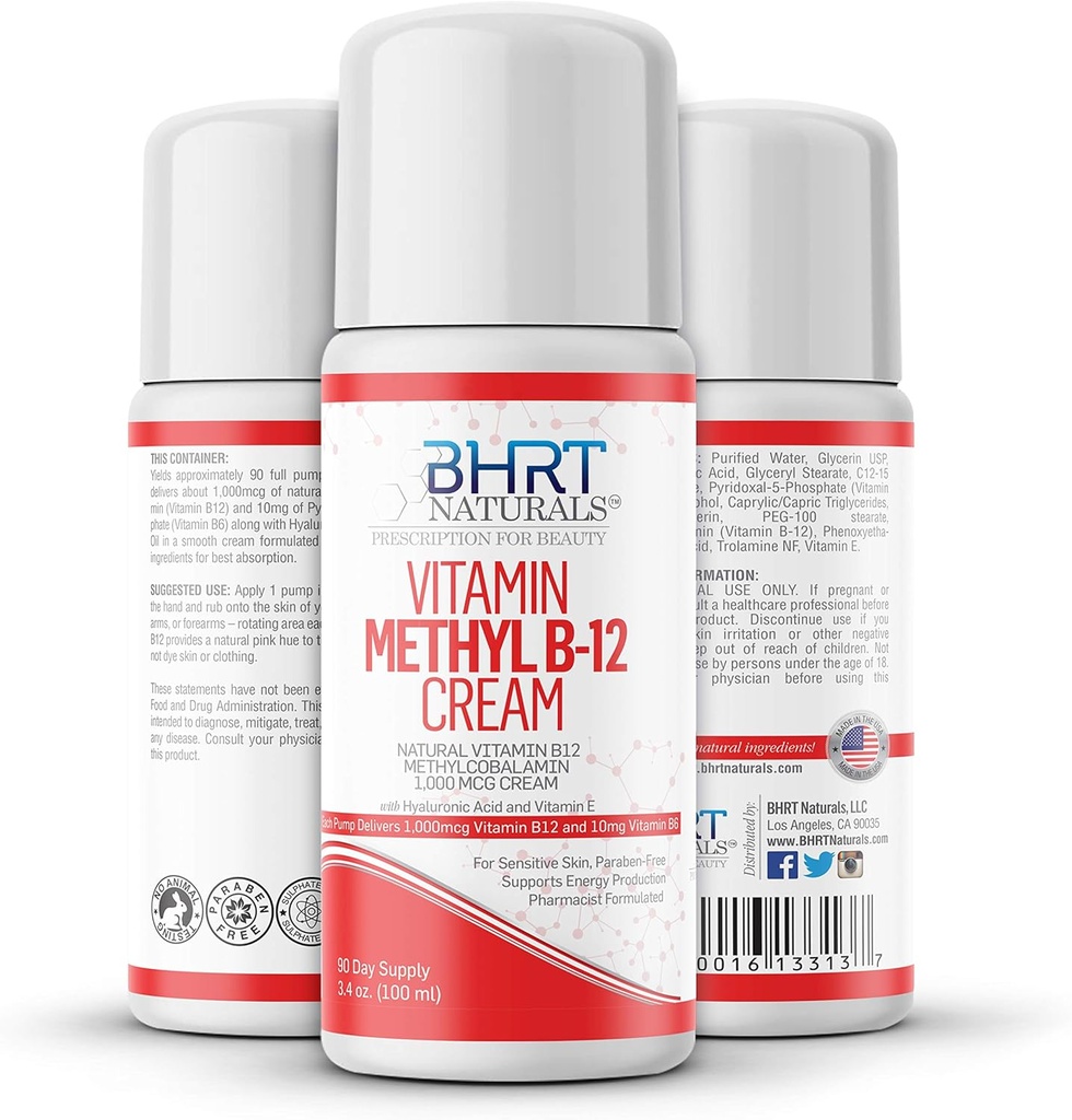Vitamiin B12 kreem 1000mcg - apteeker formuleeritud - kõik looduslik metüülkobalamiin (metüül B12) ja vitamiin B6 kreem energia, meeleolu ja südame tervise jaoks - aitab ekseemi ja psoriaasiga - USA MADE
