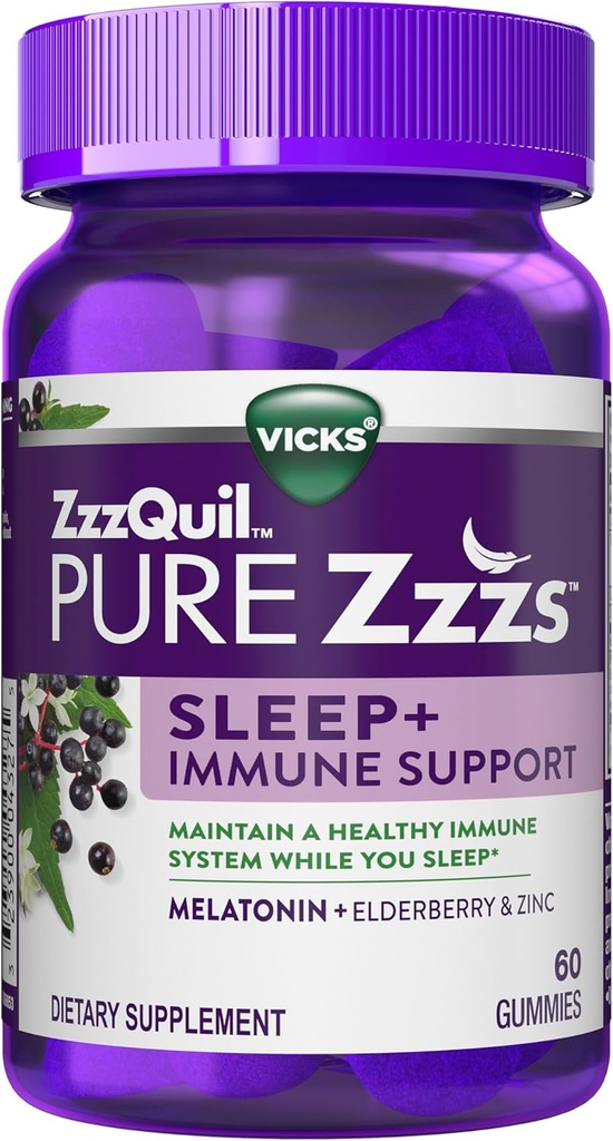 ZzzQuil Pure Zzzs Sleep + Immune Support Melatoniin Sleep Aid Gummies Elderberry, Tsink, Kummel, Lavendel & Valerian Juur, 1mg Gummy kohta, 60 ct