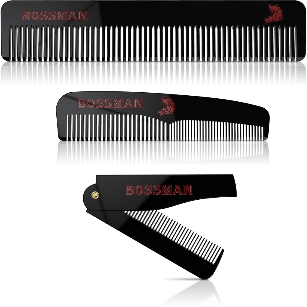 Bossman Acetate Beard, Mustache & Hair Comb komplekt 3 - kammid meestele minimaalse magnetilise kastiga (7, 5-tolline, 5-tolline, 3,5-tolline) - funktsioonid ümarad hambad, topelthambad ja volditav disain