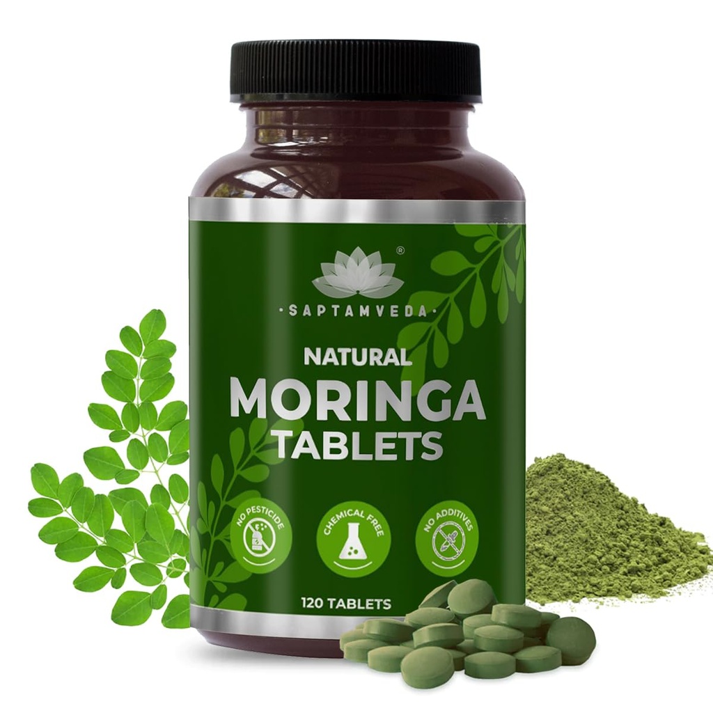 SAPTAMVEDA looduslikud Moringa tabletid, Drumstick Leaf tabletid (120 tabletti) - 500 mg iga | looduslik multivitamiin | rikas antioksüdandiga, immuunsuse suurendaja | Hea juustele ja nahale India taludest