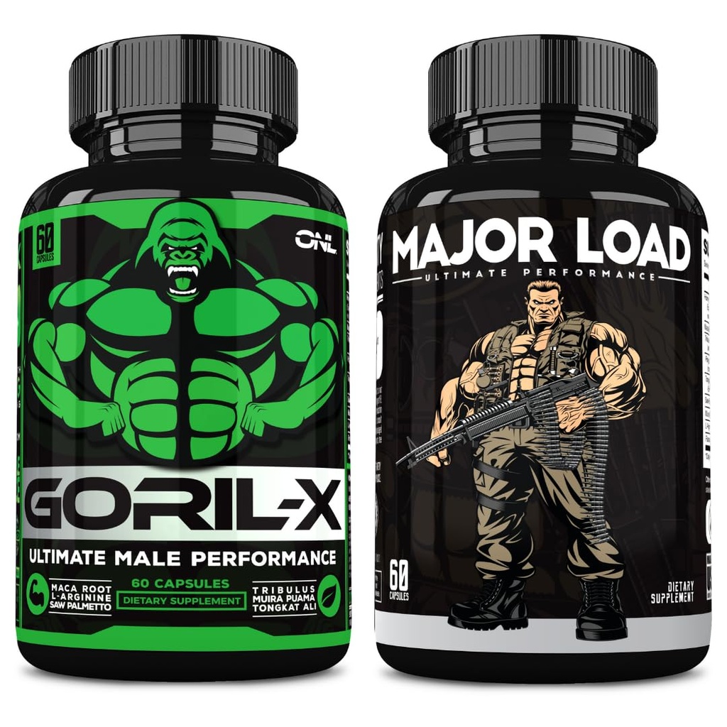 ONL Ultimate Meeste Testosterooni Booster Bundle - GORIL-X & Major Load Supplements | Suurendage tugevust, vastupidavust ja energiat | koos Horny Goat Weed, Maca, Tongkat Ali, Tribulus | 120 kapslit