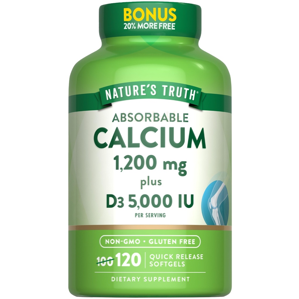 Nature's Truth Absorbable Calcium 1200 mg vitamiin D3 5000 IU | 120 Softgels | Kaltsiumkarbonaat | Mitte-GMO & Gluteenivaba toidulisand