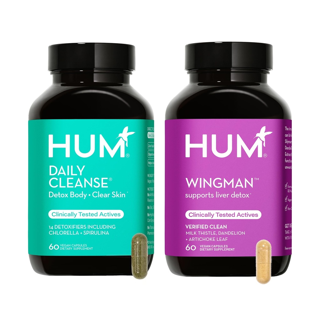 HUM täis naha ja maksa tervise täiendus toitumisest, Wingmanist ja igapäevasest puhastamisest roheline detox & piimaohakas nahahoolduse ja maksa tervise jaoks, 2 pakendit, 60 vegankapslit