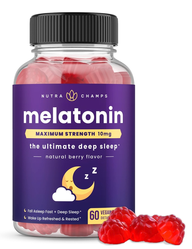 NutraChamps Melatoniin Gummies täiskasvanutele, ekstra tugevusega uneabi vitamiinid, 5mg või 10mg annus, Vegan Natural Maasika Maitselisandi parema une, tervisliku une tsüklid, 60 Gummies