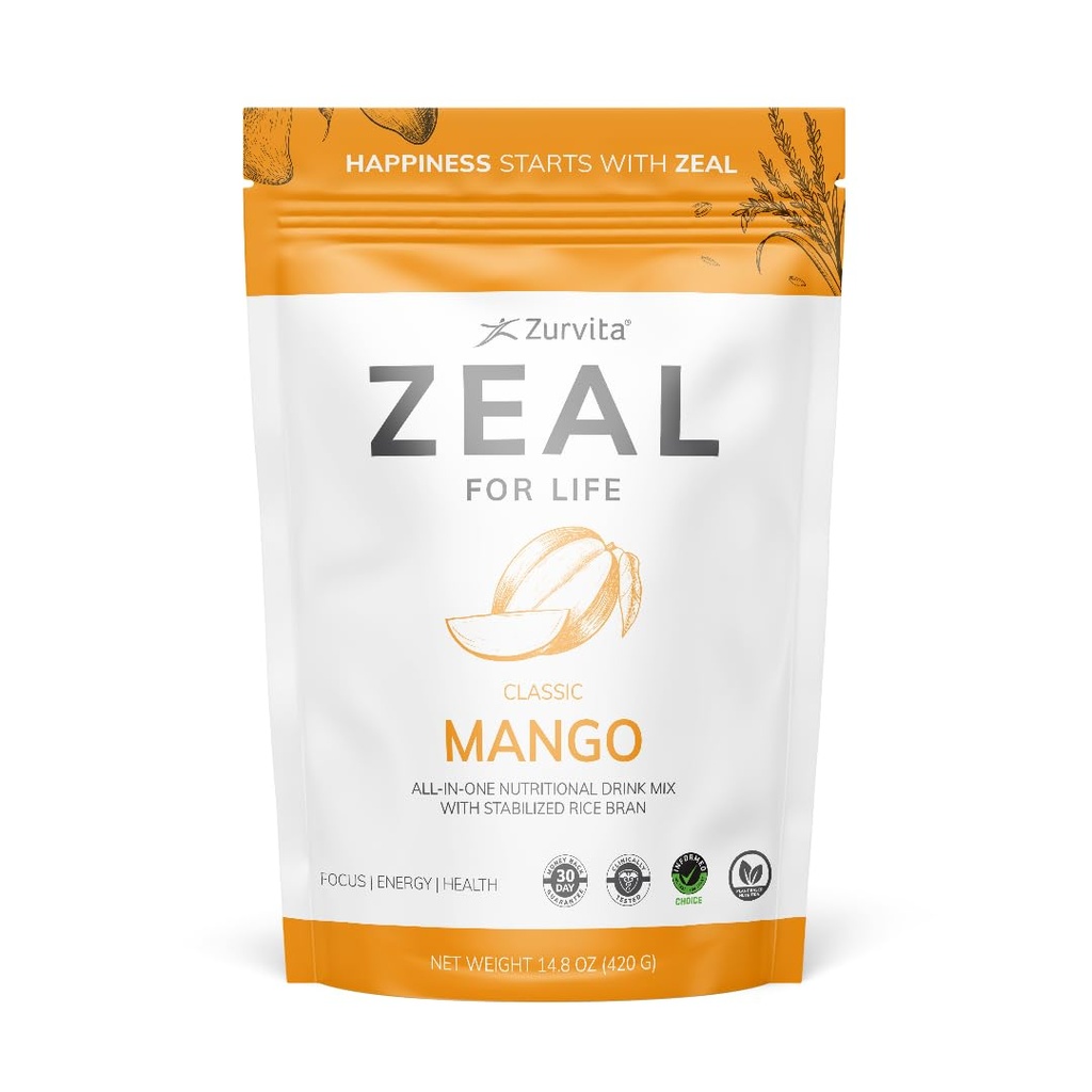 Zurvita Zeal for Life Wellness Drink Mix - Mango maitse - gluteenivaba, vegan, koos biotiiniga, vitamiinid B12, C, D, E, raud, magneesium - 30 serveerimist (420 g)