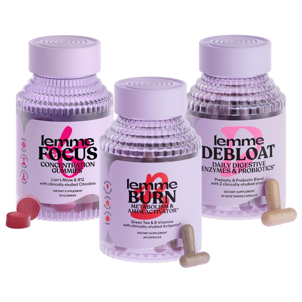 Lemme Burn, Debloat & Focus Bundle | Metabolism & Fat Burning + Bloating & Gas Relief kapslid + Focus & Brain Health Gummies | Gluteenivaba, Non-GMO | 60 Count Capsules & 50 Count Gummies