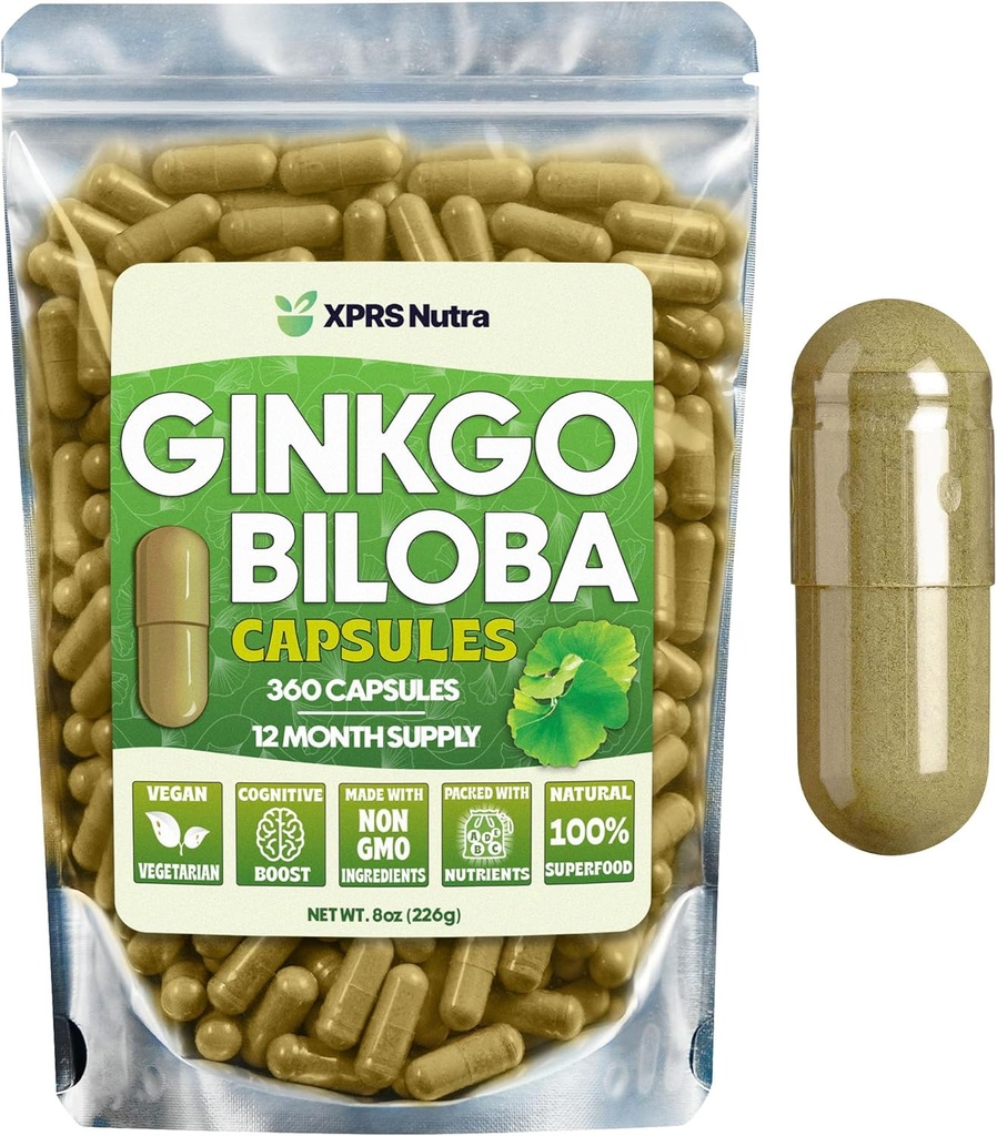 XPRS Nutra Ginkgo Biloba kapslid - Gingko Biloba kapseldatud kognitiivsed toidulisandid - Vegan Sõbralik Ginkoba Biloba - Immuunsuse suurendamine Ginkgo Biloba kapslid - 360 loend