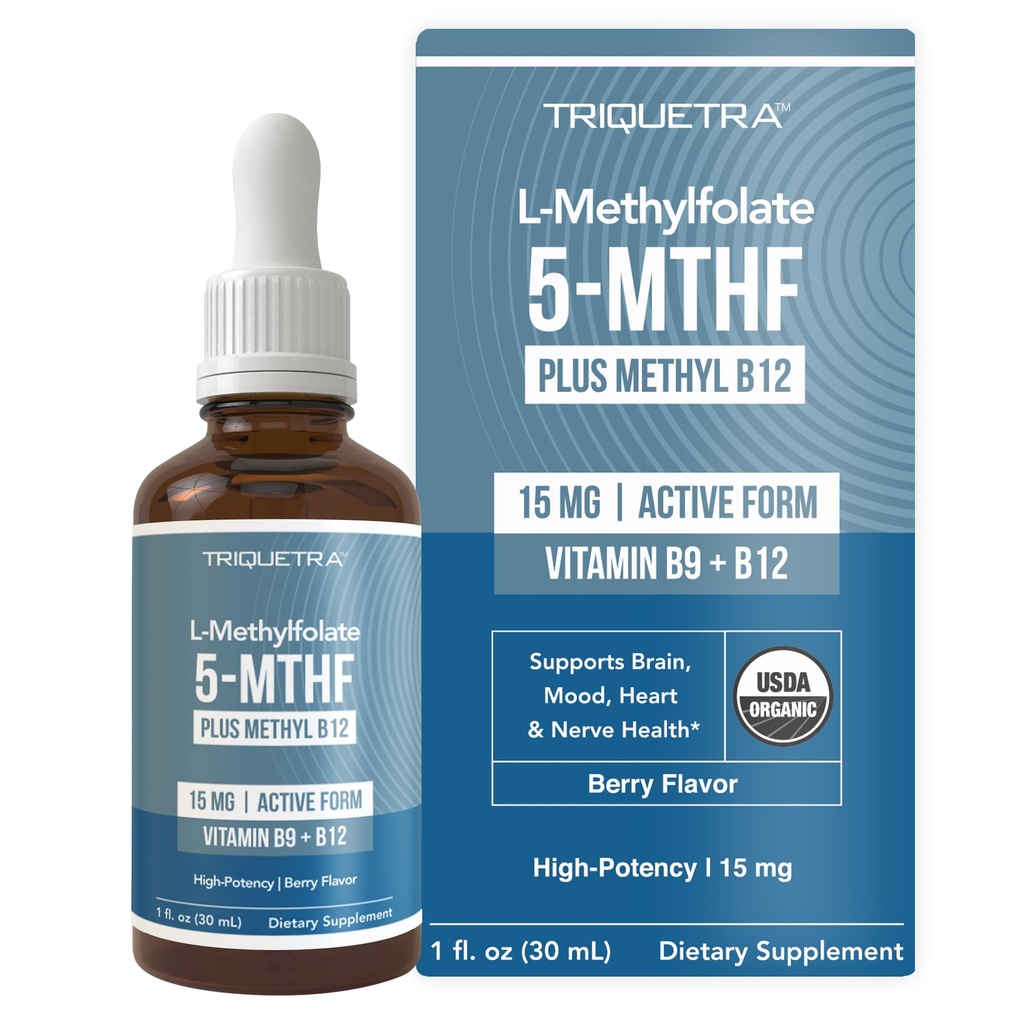 L Metüülfolaat 15mg Plus Metüül B12 Cofactor – Orgaaniline marjamaitse, kõrge potentsiga vedelik Sublingvaalne aktiivne 5-MTHF vorm – toetab meeleolu, metüülimist, tunnetust – bioaktiivsed vormid Vitamiin B9 & B12 (1oz)