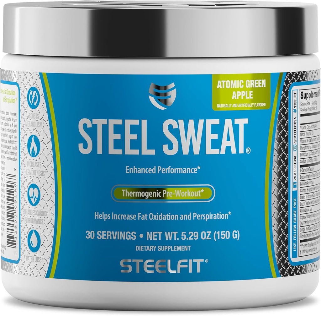 SteelFit Steel Sweat Fat-Burning Pre Workout | Boost Metabolism, Suurendada Energiat, Burn Fat & Calories | Roheline Õun, 30 Servings