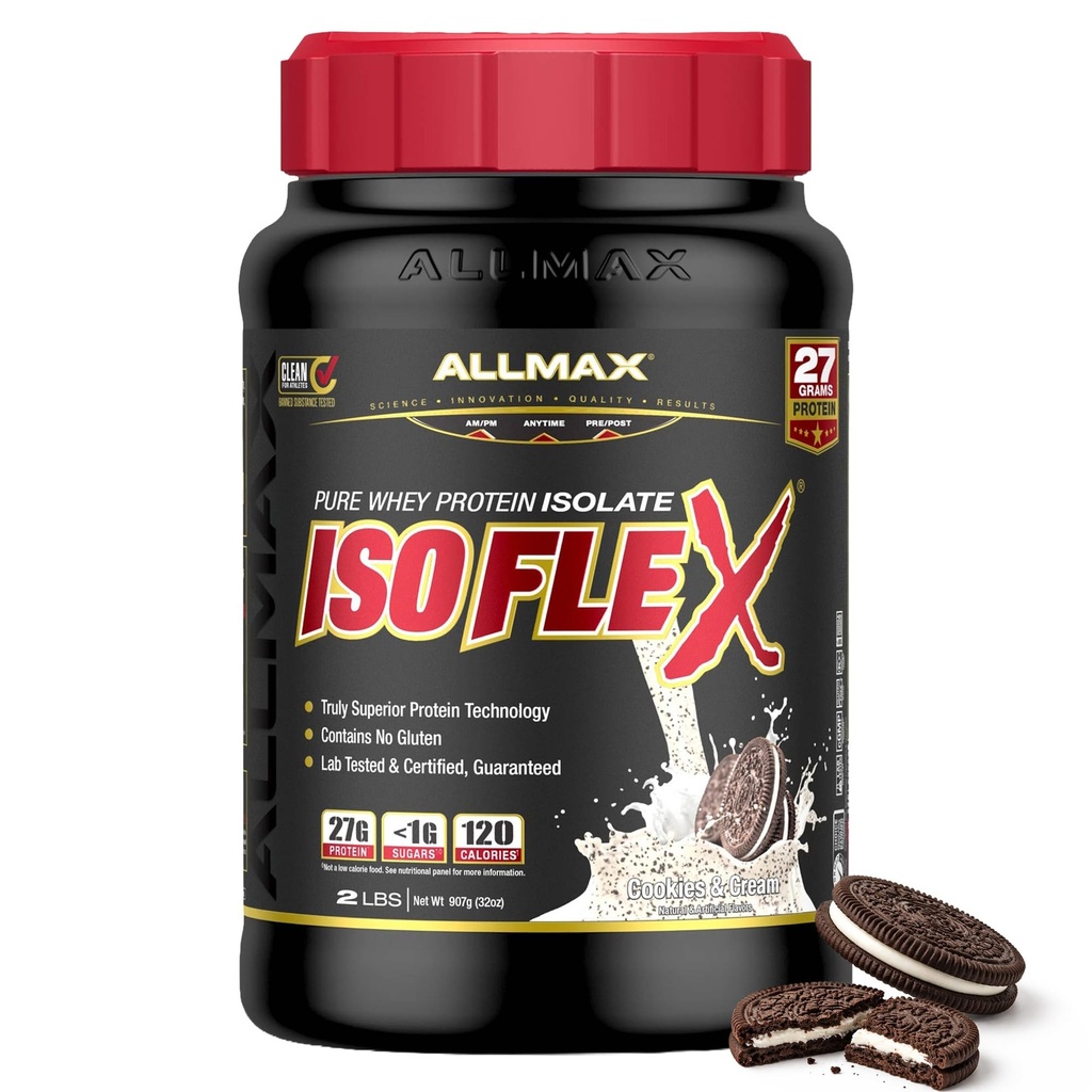 ALLMAX Nutrition ISOFLEX Vadakuvalk isolaat, küpsised ja kreem - 2 naela - 27 grammi valku Scoopi kohta - nullrasva ja suhkrut - 99% laktoosivaba - gluteenivaba ja sojavaba - ligikaudu 30 serveerimist