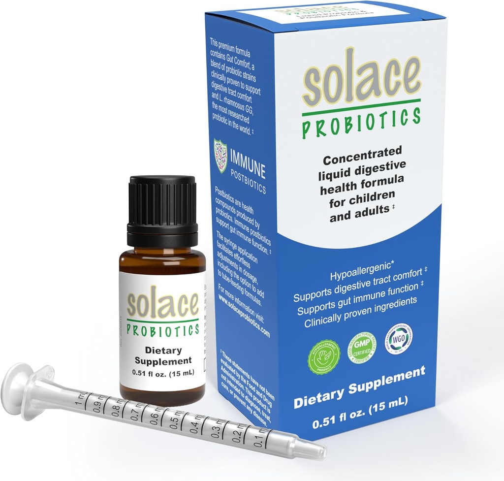 Solace probiootikumid Vedel valem täiskasvanutele ja lastele - kontsentreeritud segu seedetrakti tervise ja immuunsuse jaoks, kliiniliselt uuritud, lihtne süstal, allergia - 15 ml