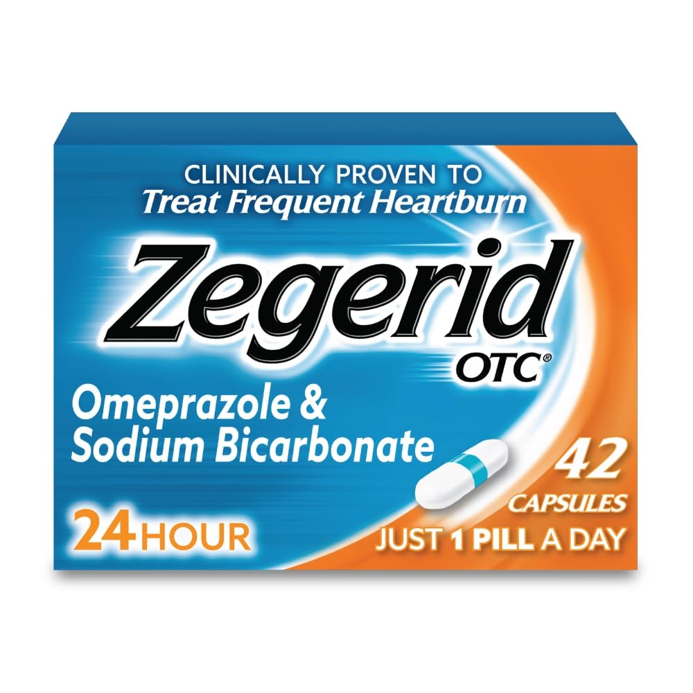 Zegerid OTC , 24- tunni kõrvetiste leevendamine , happe refluksmeditsiin ja antatsiid , ravib Sagedast kõrvetisi , omeprasool 20 mg + naatriumvesinikkarbonaat , prootonpumba inhibiitor ( PPI ) , 42 kapslit