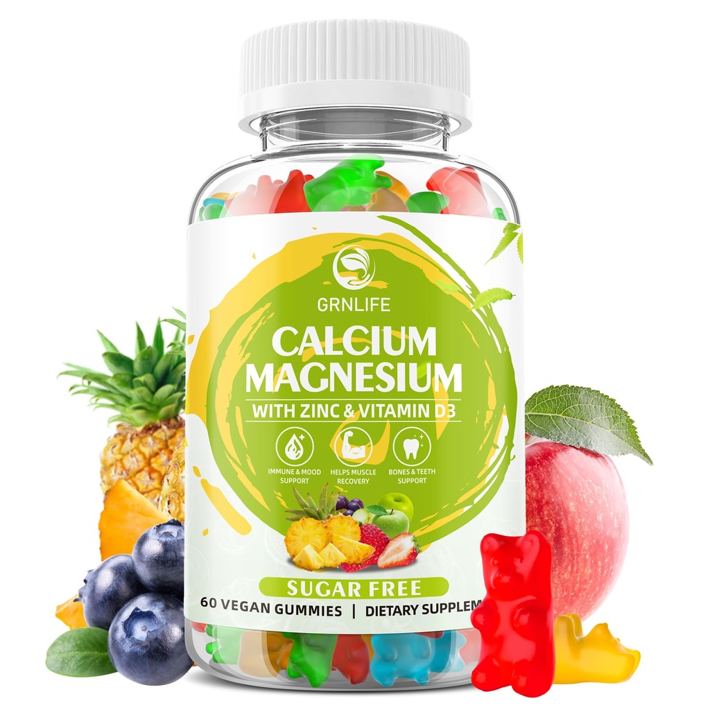 Kaltsium Magneesium Tsink Täiendus Vitamiin D3, Suhkruvaba Kaltsium Gummies Naistele Meestele, Suure Potentsiga Magneesium Gummies Luu Ja Lihaste Ja Immuunsuse Tervis, Segatud Maitsed - 60 Loe