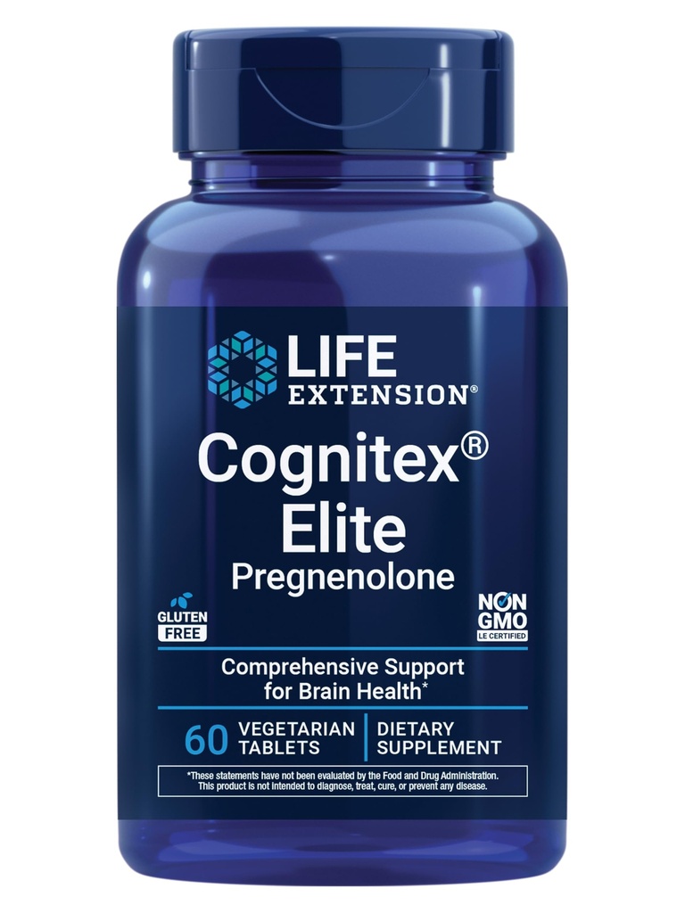 Life Extension Cognitex® Elite Pregnenolone, salvei, mustikas, ashwagandha, fosfatidüülseriin, täiustatud valem, tähelepanu, fookus, mälu, gluteenivaba, mitte-GMO, taimetoitlane, 60 tabletti