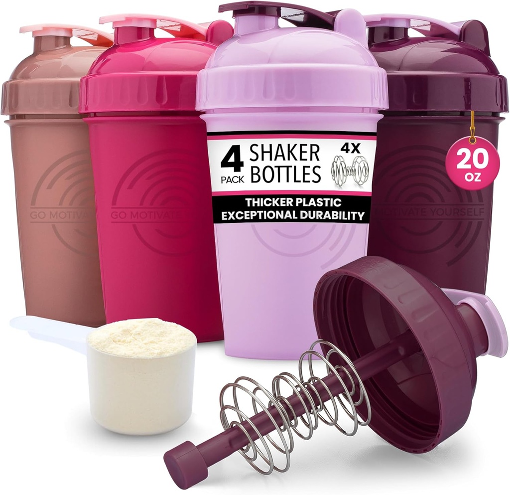 GOMOYO [4-Pack] 20-Ounce Shaker Bottle | Protein Shaker Pudel Action-Rod Wire Mixer | Shaker Cups on BPA vaba ja nõudepesumasin ohutu | Rose, Plum, Vaarika & Lavendel