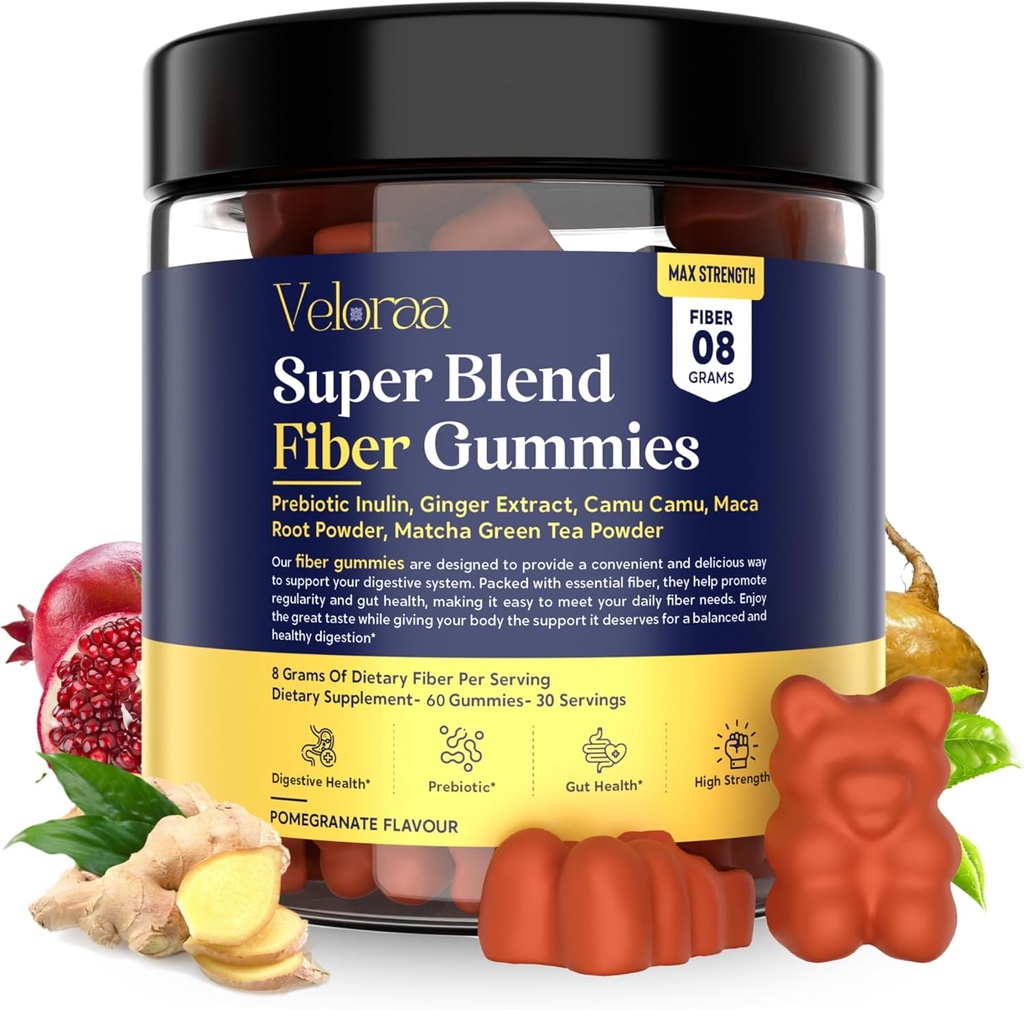 Super Blend Fiber Gummies täiskasvanutele - 8g Prebiootikumid Fiber Gummies, toetab seedetrakti tervist, Bloating Relief & Wellness, infundeeritud ingveriga, Camu Camu & Matcha, maasikamaitse - 60 Count