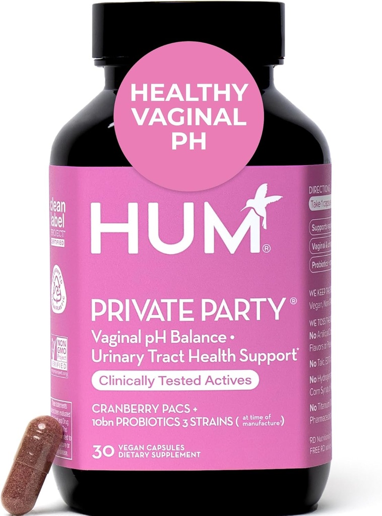 HUM Private Party Vaginaalsed probiootikumid naistele, pH tasakaal ja kuseteede toetamine Vaginaalne probiootiline lisand koos jõhvika ja Lactobacillus Blend, Naiste tervis Cranberry pillid, 30 kapslit