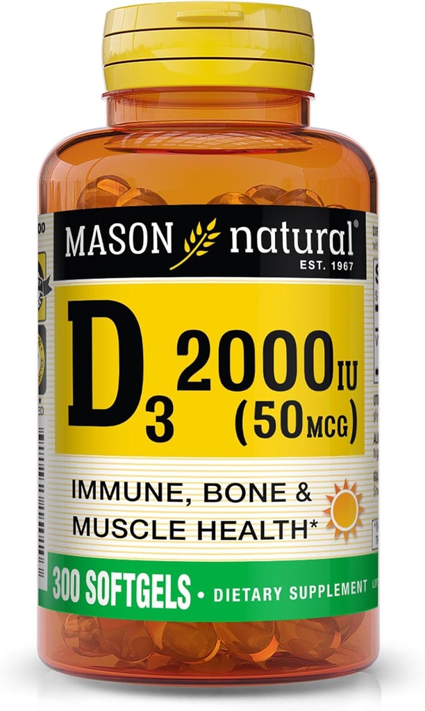 MASON LOODUSLIK D3-vitamiin 2000 IU Ultra tugevus, toetab luutihedust, tugevust ja immuunsust, 300 softgels