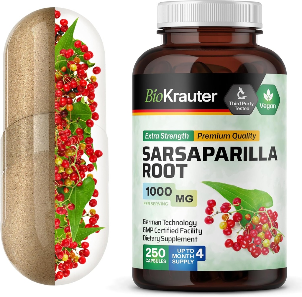 BIO KRAUTER Sarsaparilla Juurekapslid - 1000 mg Tugevus - 250 Vegan Sarsaparilla Ekstraheerimiskapslit - Täiteta