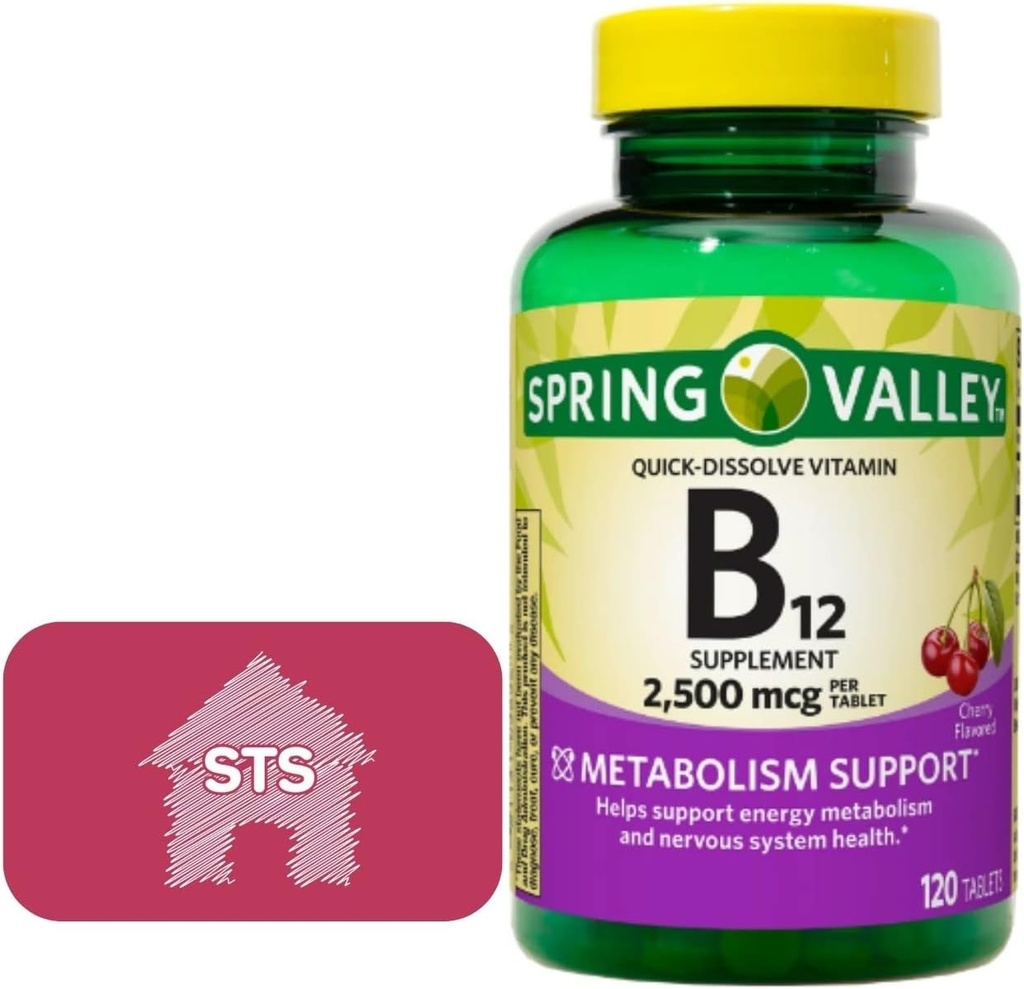 Spring Valley - Vitamiin B12 Kiire lahustamine Tabletid, 2500 mcg, Cherry Flavor, 120 Count + STS Sticker.