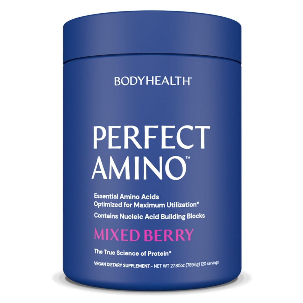 BodyHealth PerfectAmino Powder - BCAA ja EAA Pulber enne ja pärast treeningut - Aminohappe energiajook meestele ja naistele, et toetada Lean lihaseid ja taastumist - segatud marja - 120 serveerimist