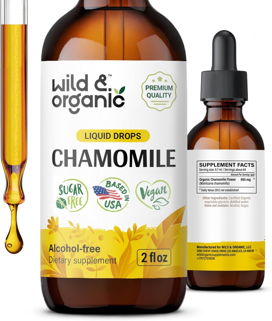Looduslik ja orgaaniline kummeli tinktuur - lõõgastav ja rahustav kummelilisand - Vedelõie ekstrakti tilgad - Vegan, suhkur ja alkoholivaba - 2 fl oz