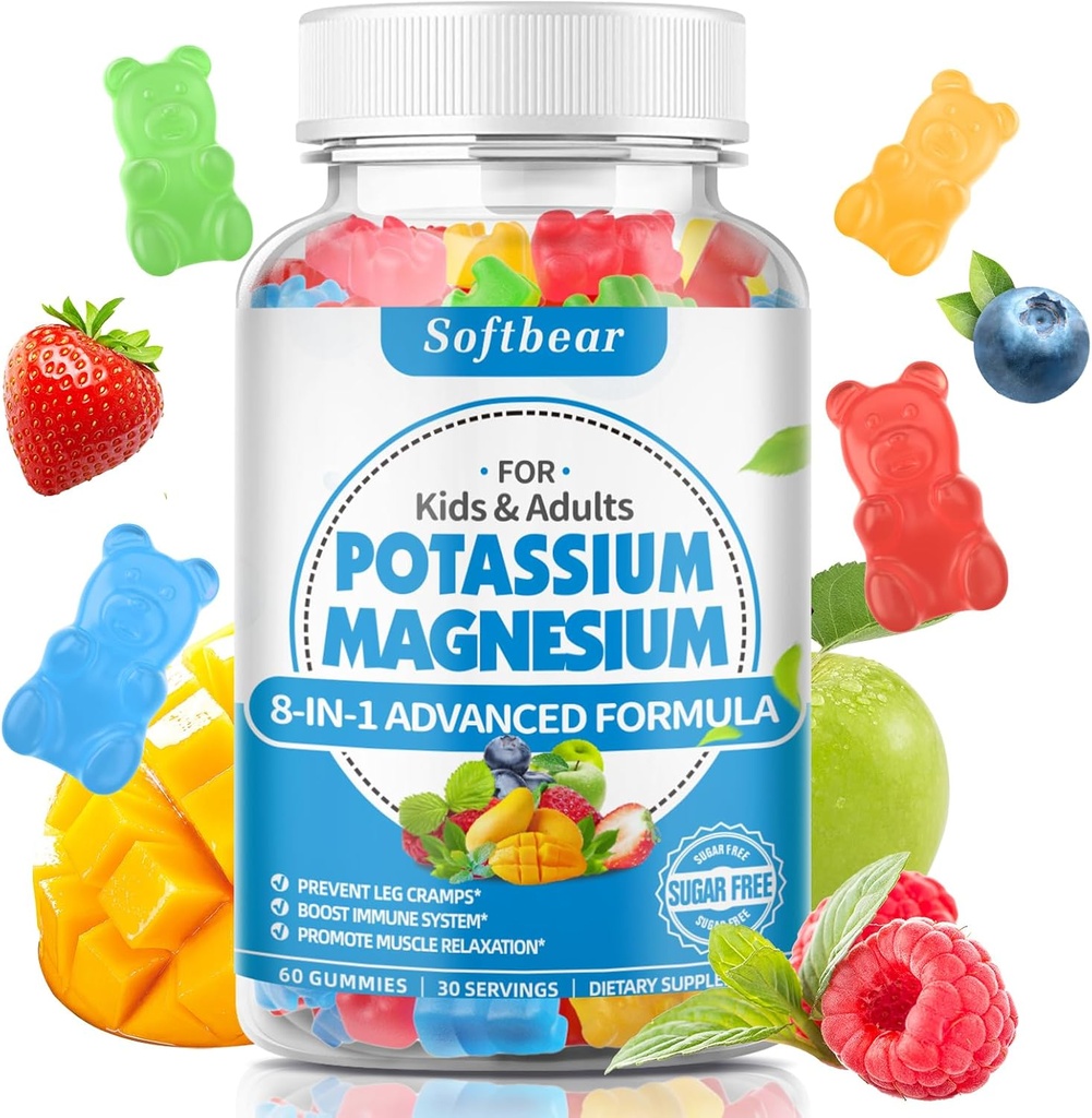 softbear Kaalium Gummies täiskasvanutele, kõrge imendumine Kaalium Magneesium Lisa vitamiin B6 CoQ10 Jalakrampide ja lihaste Tervis Suhkruvaba Vegan Segatud Puuviljamaitse 60 Gummies