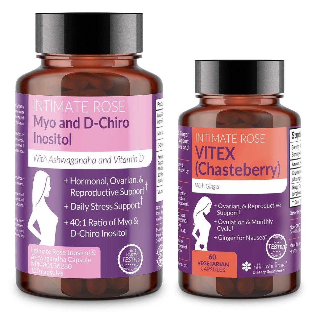 Intiimne roos Naiste hormonaalne tasakaal Bundle - Myo-Inositool & D-Chiro Inositool + Vitex Chasteberry - Reproduktiivtervise ja menstruaaltoe täiendused