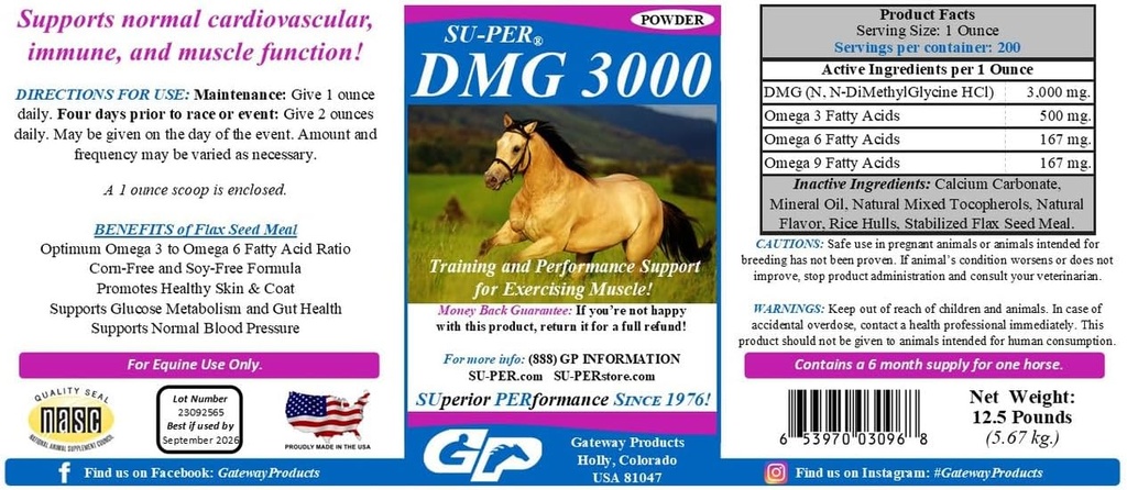SU-PER DMG 3000 Horse Supplement - koolitus ja jõudluse toetamise pulber - toetab normaalset kardiovaskulaarset immuun- ja lihasfunktsiooni - 12,5 naela, 6 kuu pakkumine