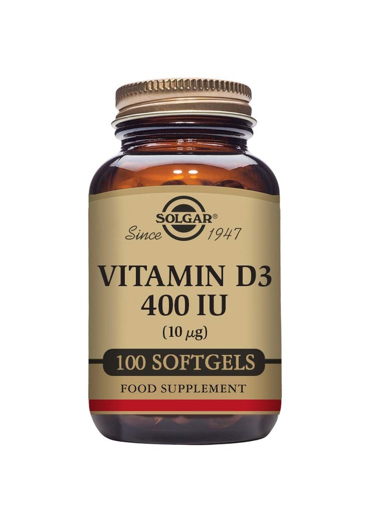 Solgar Vitamiin D3 (kolekaltsiferool) 10 MCG (400 IU), 100 Softgels - aitab säilitada luud ja hambad - Immuunsüsteemi tugi - Non-GMO, Gluteenivaba, Piimavaba - 100 Servings