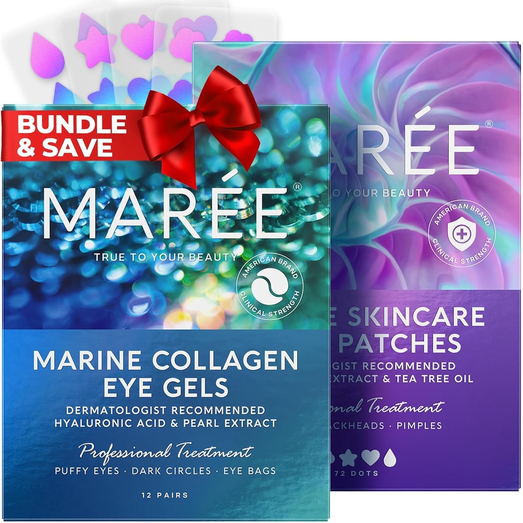 MAREE Eye Gels & Acne Сlearing Devices Bundle - Under Eye Gels for Puffy Eyes and Dark Circles, Hydrocolloid Acne Therapy Device - Marine Collagen & Hyaluronic Acid, Green Vetikate ekstrakt ja teepuuõli