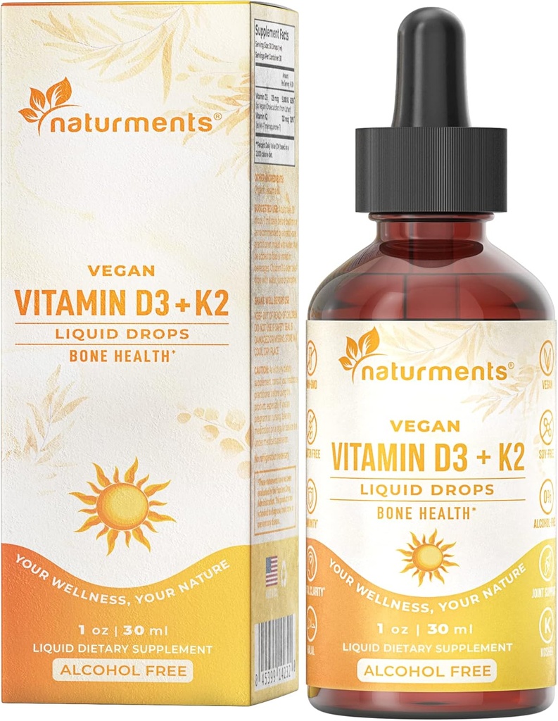 Naturments D3-vitamiin koos K2-vedeliku tilkadega (samblikuna) + K2 kompleks : luu ja südame tervise jaoks Vormel Immuunsüsteemi toetamine ja energia - kiirem imendumine Mitte-GMO, vegan alkoholivaba, suhkruvaba 1 Fl Oz