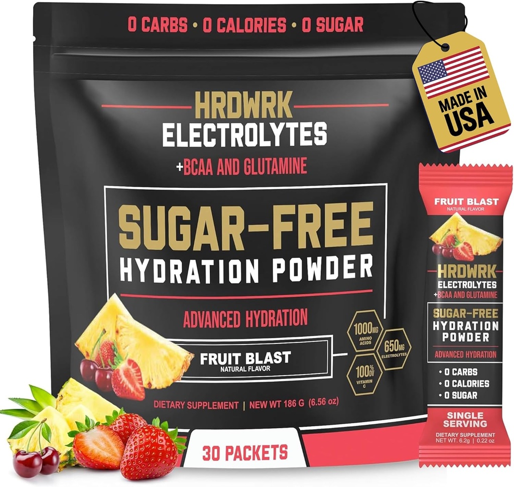 HRDWRK elektrolüütide pulbripaketid magneesiumi, kaaliumnaatriumi, ketohüdraadiga - BCAA elektrolüütide pulbripaketid glutamiiniga, 30 elektrolüütide pulbri pakendit suhkruvaba (Fruit Blast)