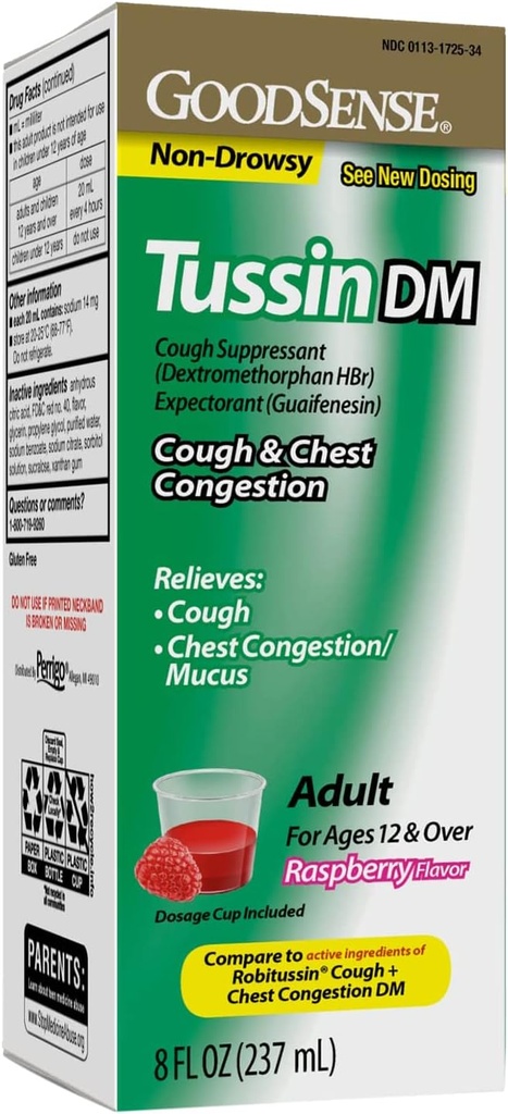 GoodSense Tussin Cough Syrup DM, Vaarikamaitse, efektiivne abi köha ja rindkere ummistuste korral, Thins Mucus, 8 Fl Oz