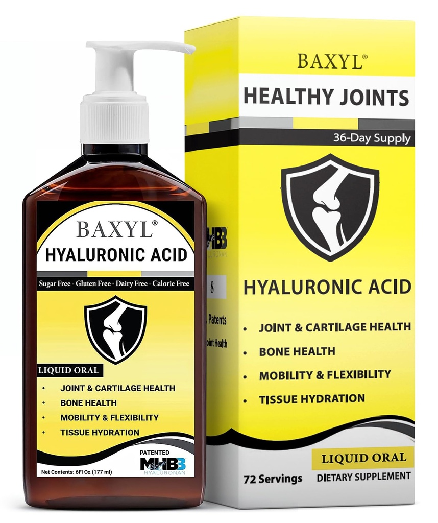 BAXYL® - vedel hüaluroonhape liigeste abilisandiks (vegaan, gluteenivaba, geneetiliselt muundamata, patenteeritud suukaudne MHB3) | 6 Oz, 36 päeva pakkumine