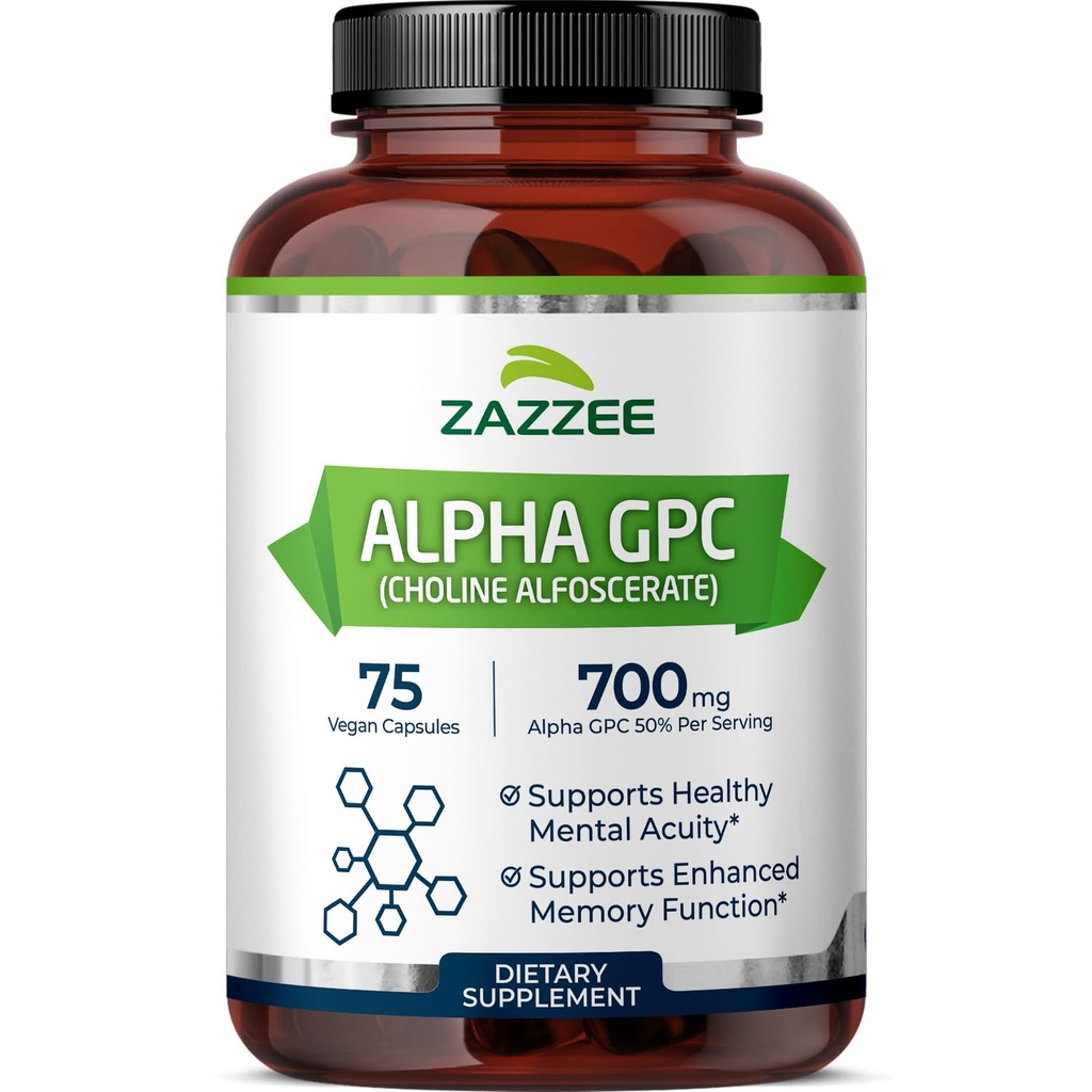 Zazzee ekstra tugevusega Alpha GPC koliin, 700 mg ühe serveerimise kohta, 75 vegankapslit, 100% puhast farmatseutilist klassi, 100% taimetoitlast, standardiseeritud tugevuse ja puhtuse jaoks, kõik-looduslik ja mitte-GMO
