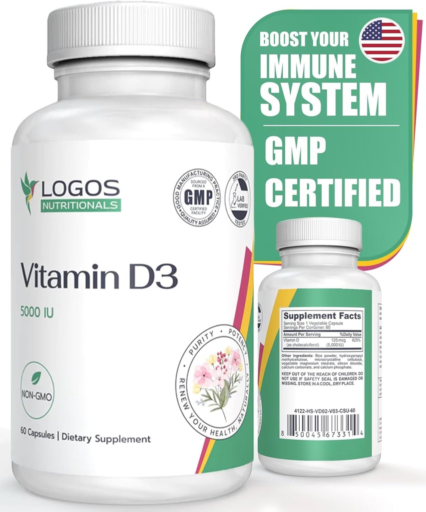 Vitamiin D3 täiendus - Vitamiin D-5000 RÜ - Tervislike luude, hammaste, lihaste, südame-veresoonkonna ja immuunfunktsiooni toetamine - piimavaba, sojavaba - 60 kapslit