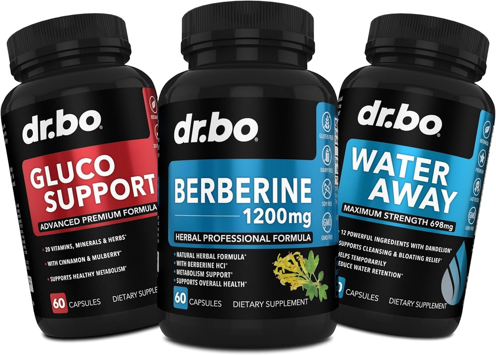 DR. BO Berberine Supplement Metabolism Support & Water Pills - 1200mg Berberine HCL Supplement for Health Metabolic Support - Premium HCL 600mg per Capsule & Water Pills Diureetikumide säilitamine