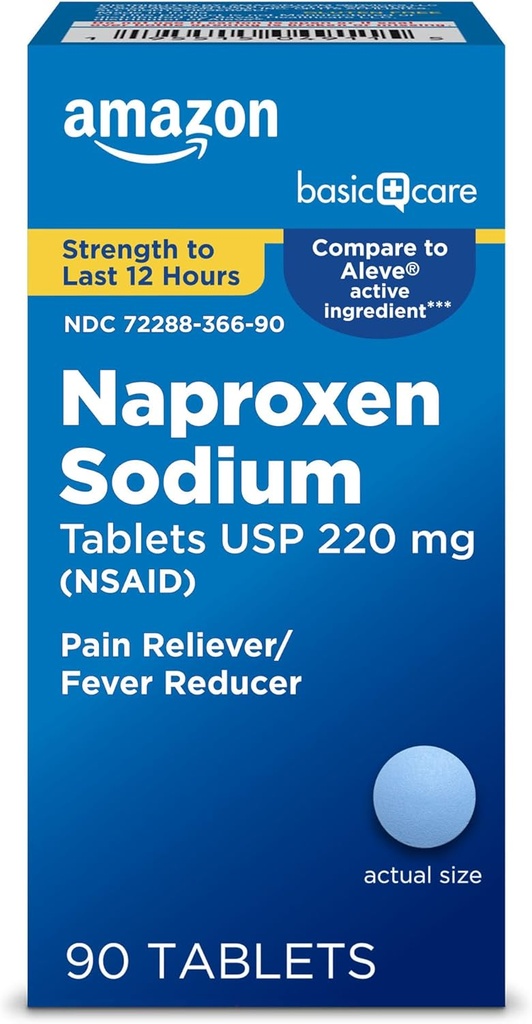   Basic Care Naproxen Sodium Caplets 220 mg, 12-Hour Fever Reducer (NSAID) and Pain Reliever for Muscle Aches, Backache, Headache, Toothache, Minor Arthritis, 90 Count (packaging may vary)