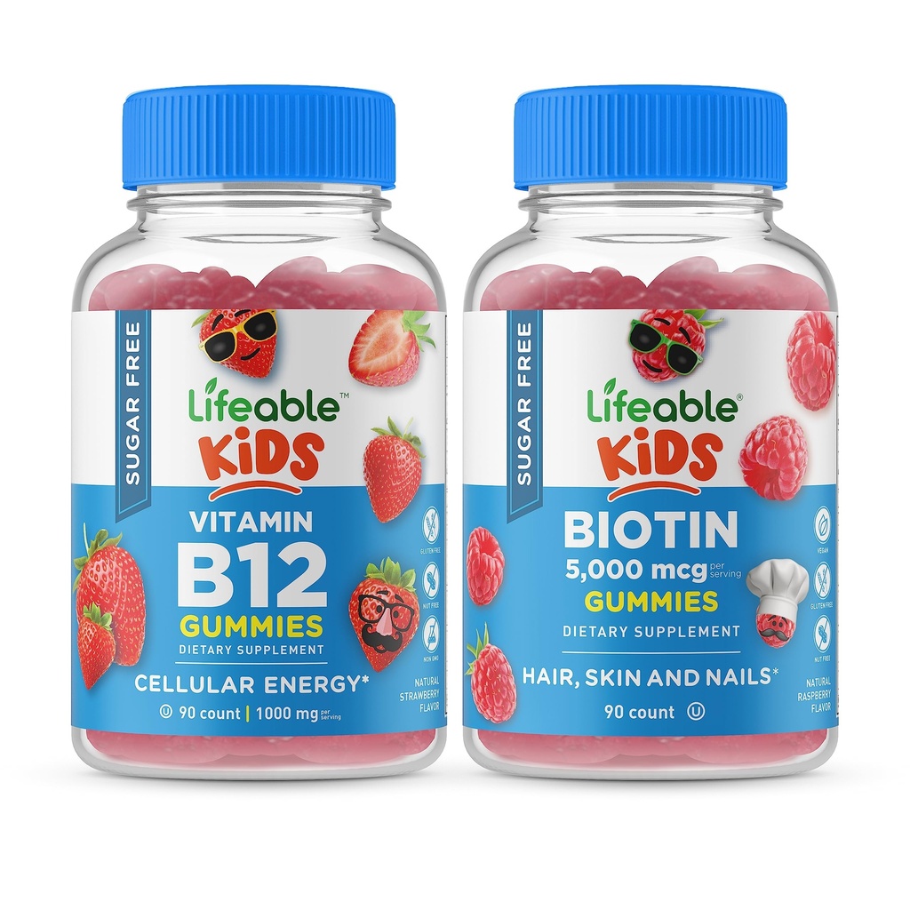 Elujõuline Suhkruvaba Vitamiin B12 Lapsed + Preciotic Fiber Kids, Gummies Bundle - suurepärane maitse, vitamiinilisand, Gluteenivaba, GMO-vaba, närimiskumm